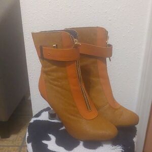 Tan Heeled Boots with Ankle Strap and Sturdy Heel